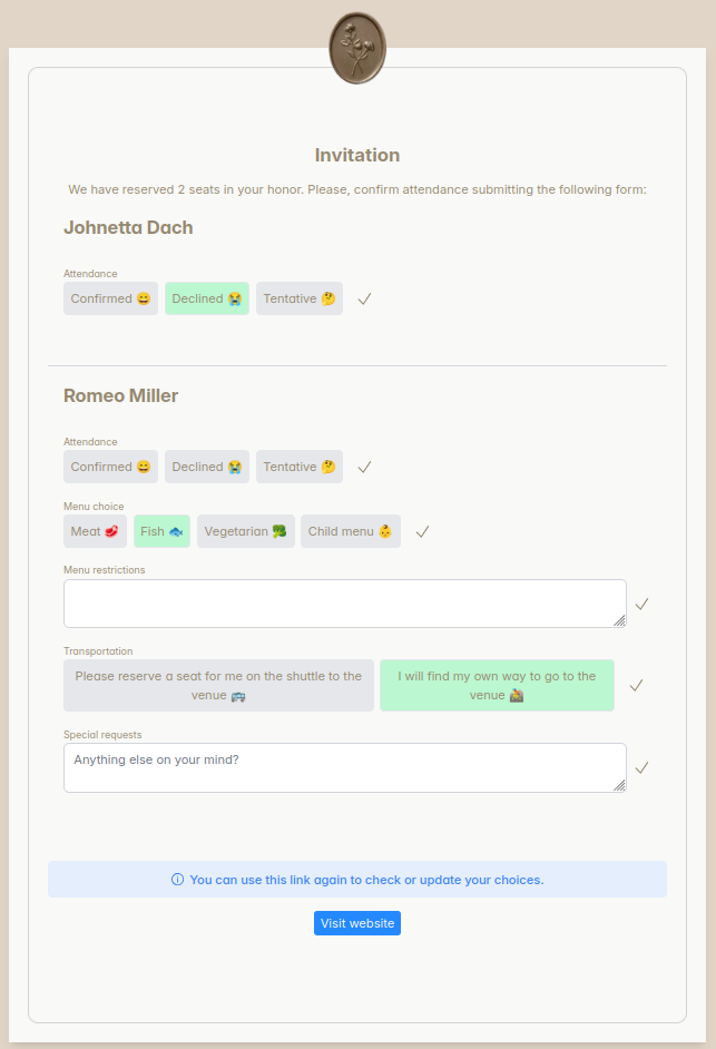 RSVP form Screenshot of the RSVP form